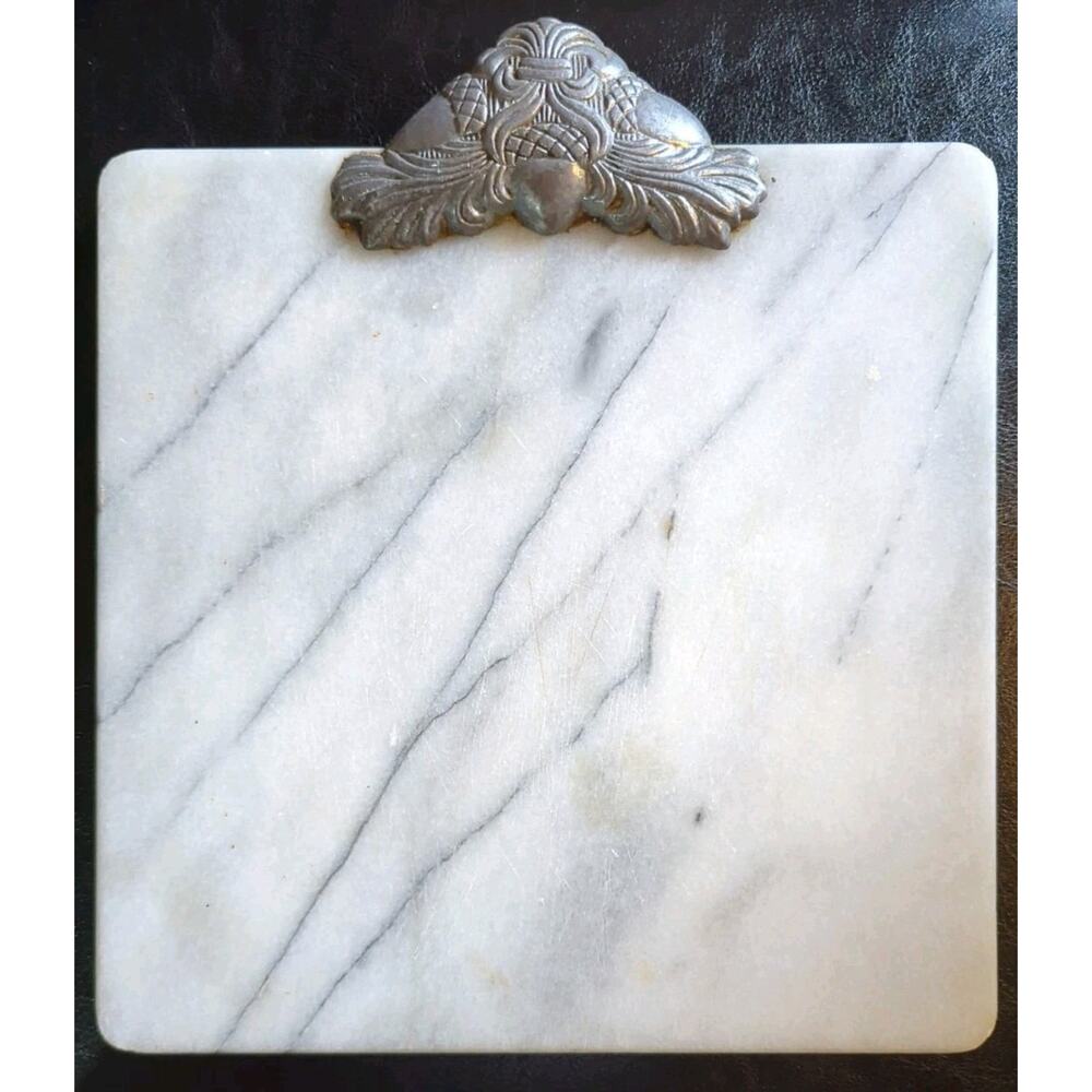 Vintage Square Marble Cheese Tray Cutting Board Gray 10.5" × 9" Pewter Handle